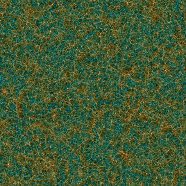 Dark matter distribution in Uchuu at z=0. The image shows a 2000 Mpc/h &times; 2000 Mpc/h  projected volume with a thickness of 25 Mpc/h.